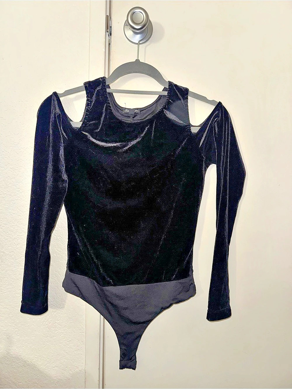 Shinestar Black Velvet Cold-Shoulder Long Sleeve Bodysuit